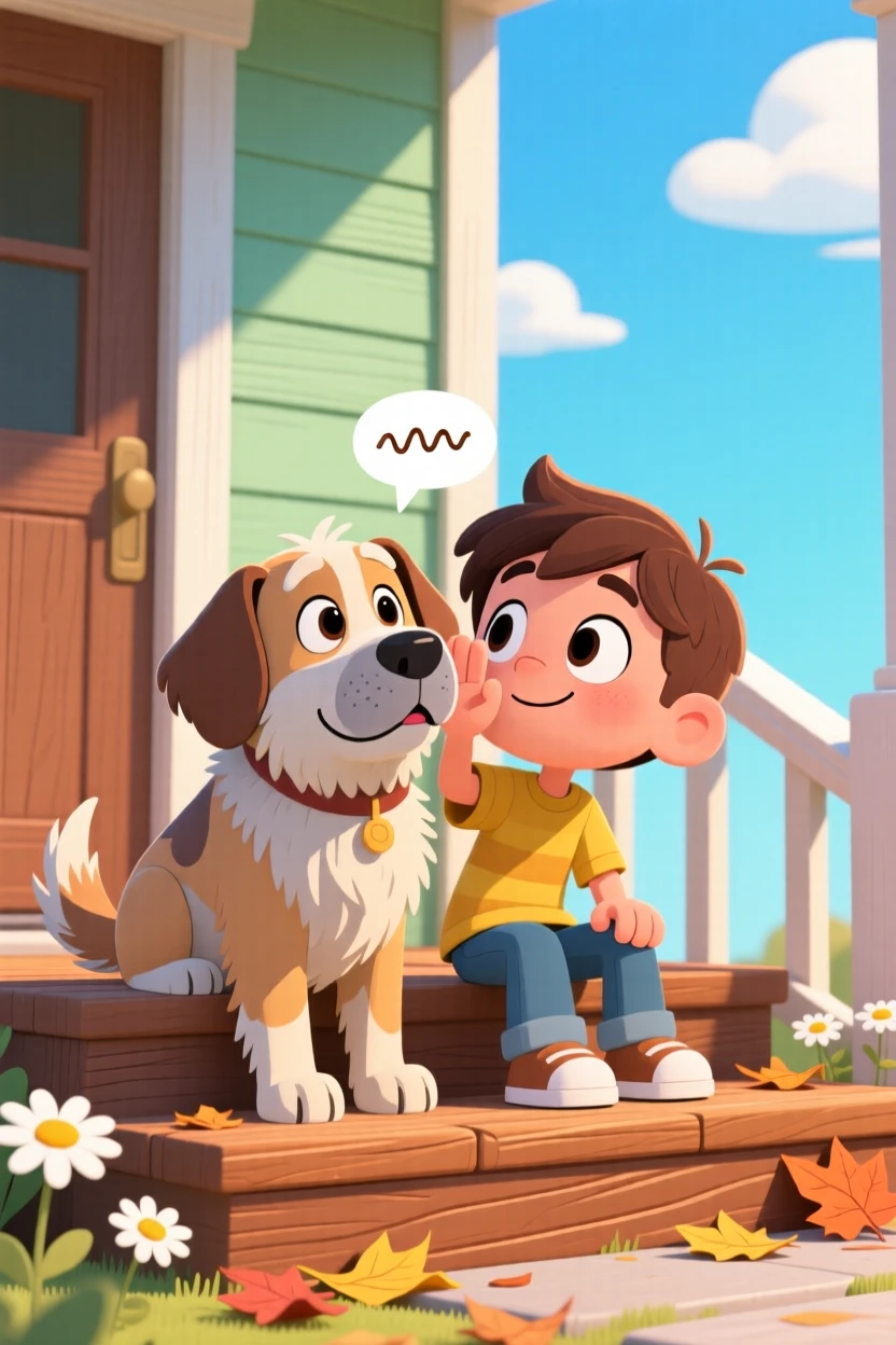 A boy whispering secrets to his loyal old dog on the porch steps.