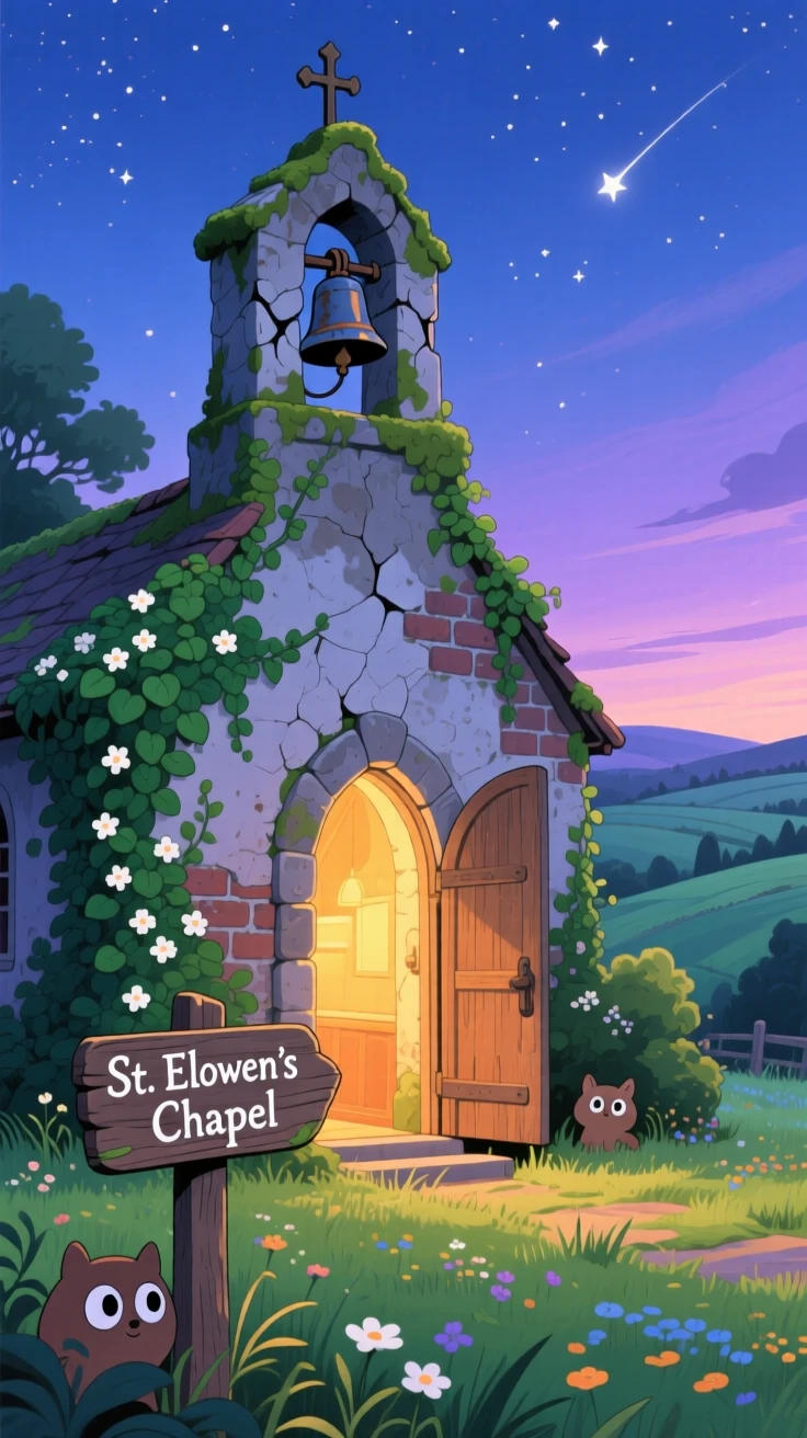 A countryside chapel with a weathered bell tower, with ivy climbing up the side of an old stone wall, as evening settles in.