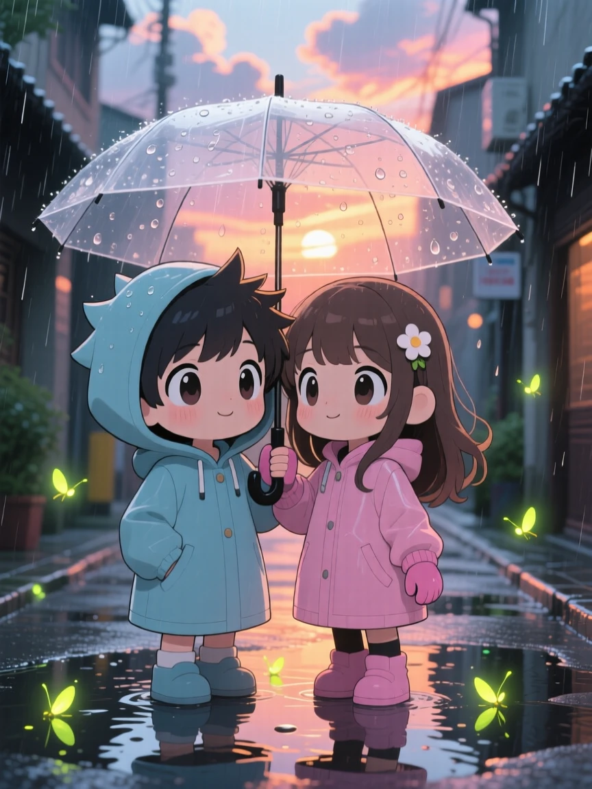 Waist-up portrait of two best friends, sharing a single umbrella in the rain, in a puddle-lined street, as fireflies begin to glow at dusk, illuminated by rays of sunrise breaking through clouds, radiating eager anticipation.