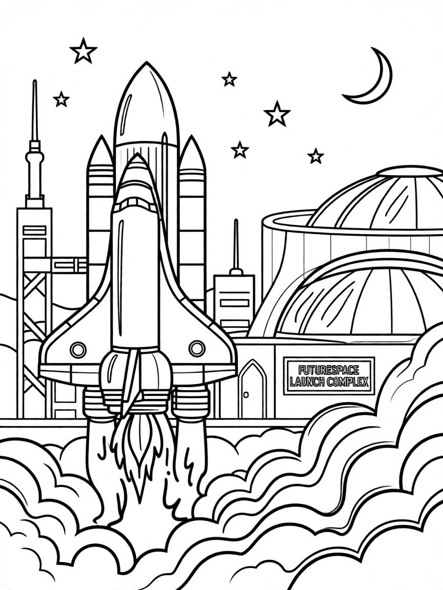 A rocket launching from a futuristic space center