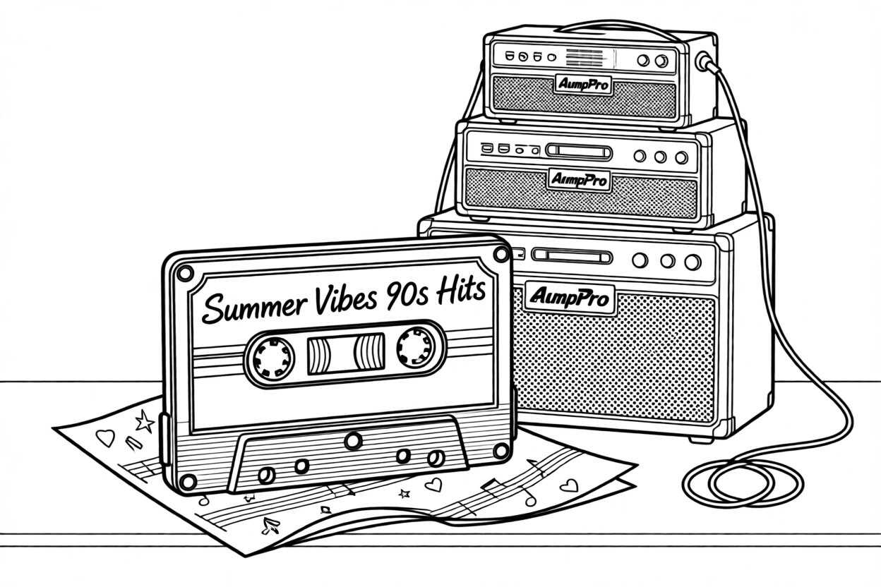 A cassette tape mixtape with a hand-written label, with amplifiers stacked in the background.