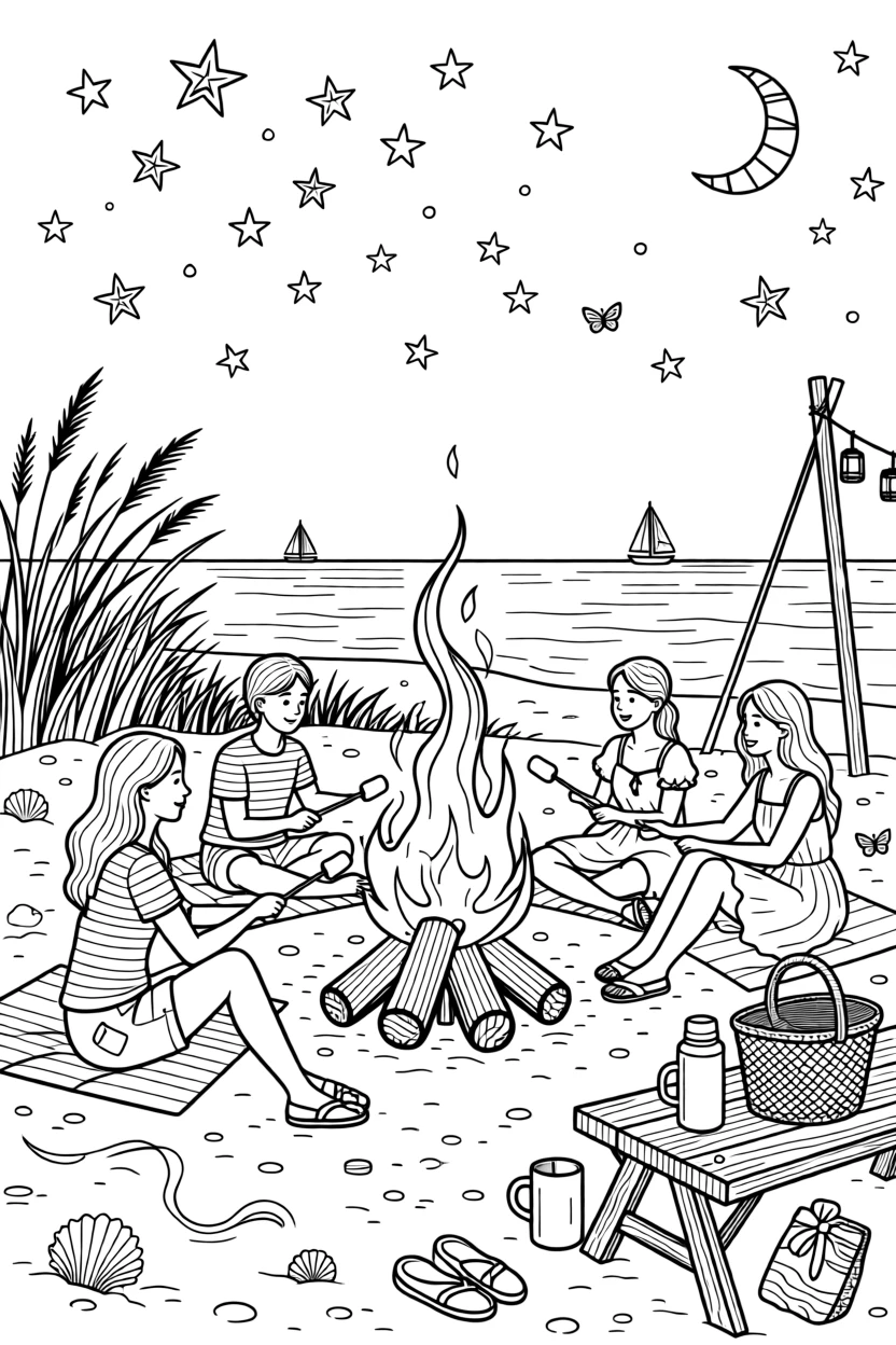 A summer beach bonfire scene with friends roasting marshmallows.