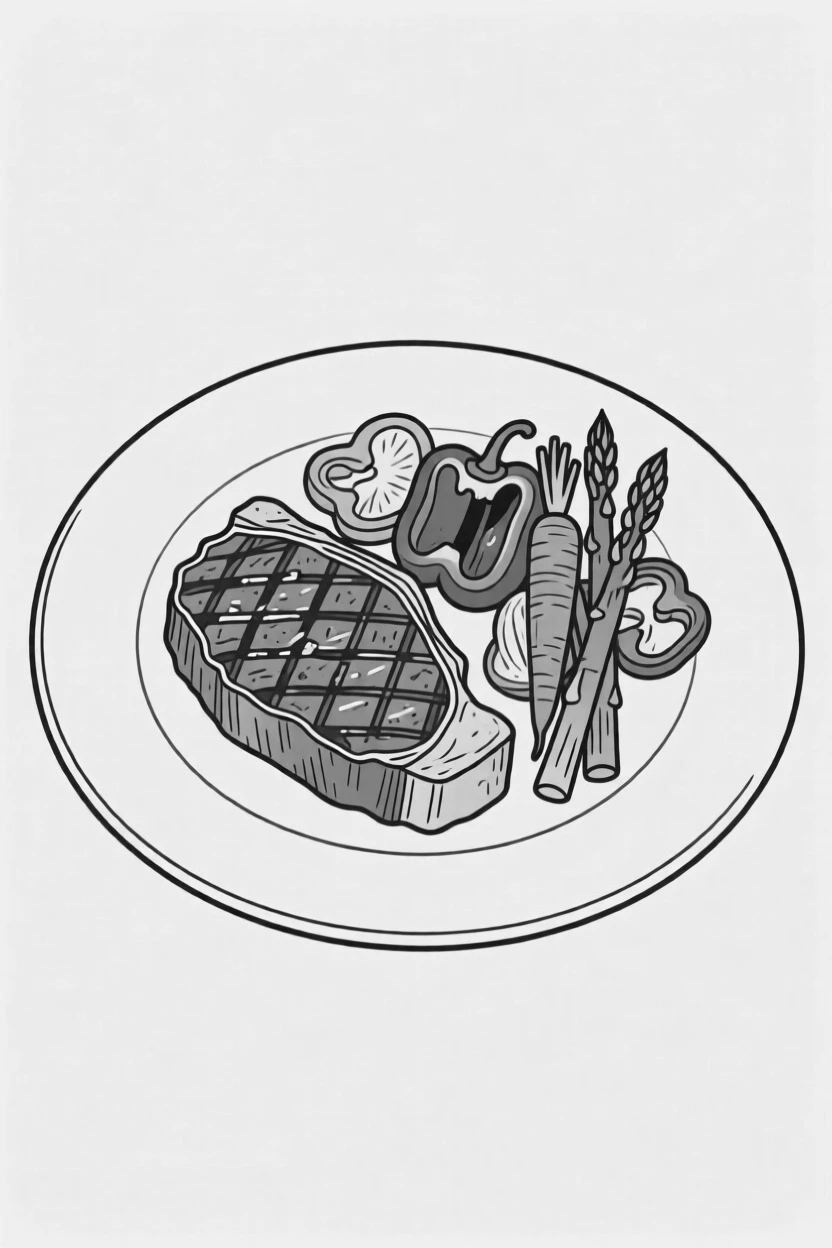A plate of grilled steak with roasted vegetables on the side