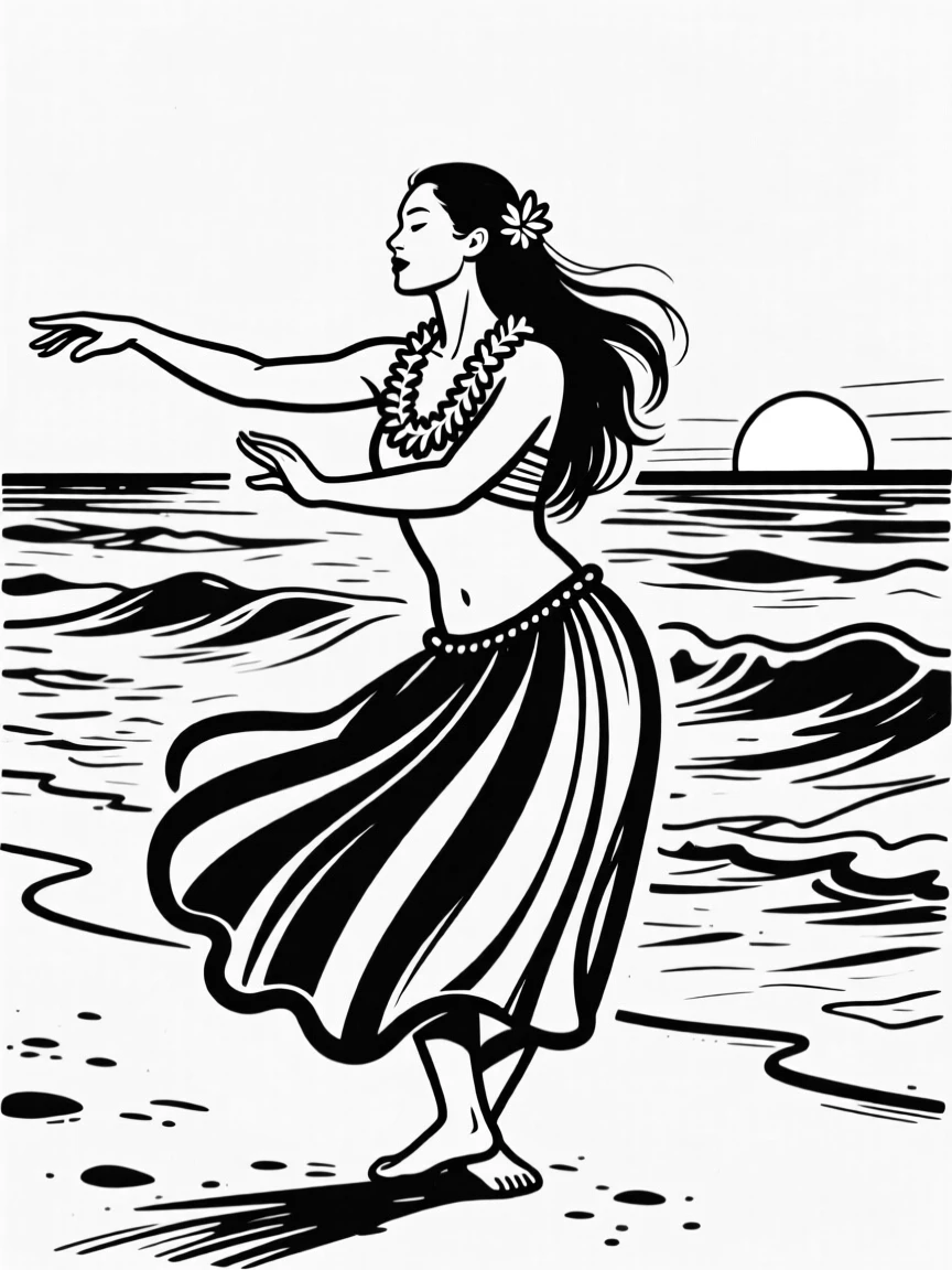 A traditional Hawaiian hula dancer performing on a beach at sunset.