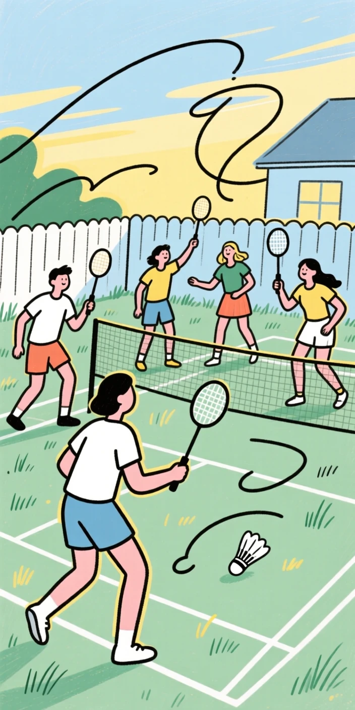 A group of friends playing badminton in a backyard on a summer evening.