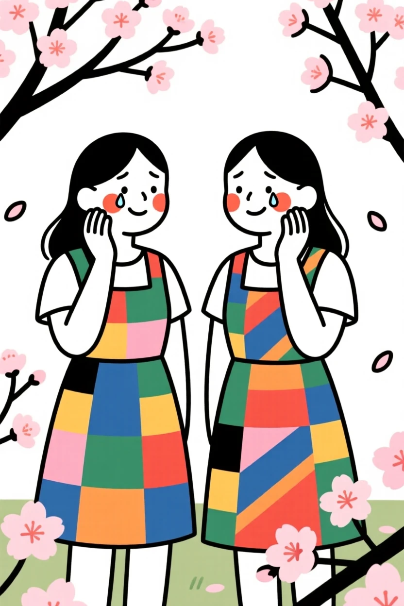 Twin sisters of Peruvian heritage wearing a colorful Ankara dress, holding back happy tears, in a blooming cherry blossom garden.