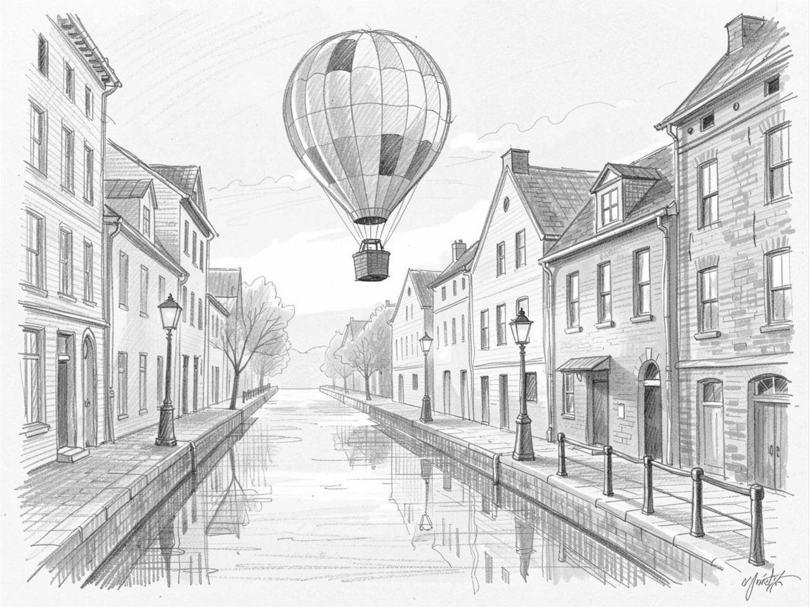 A colorful hot air balloon rising at sunrise, along a quiet canal lined with old buildings, with golden light glinting off polished brass.