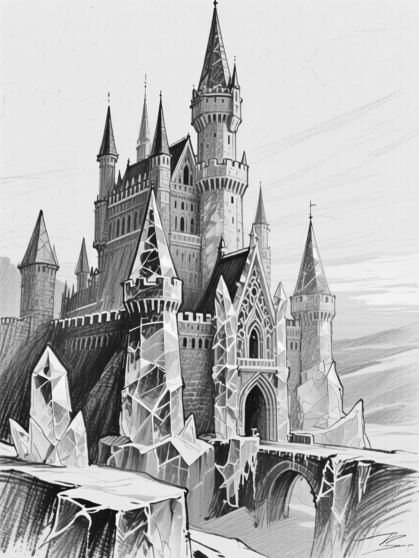 A castle built entirely of ice and crystal, in the warm glow of early morning light.