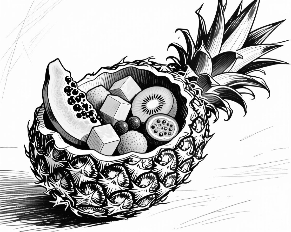 A bowl of tropical fruit salad served in a hollowed pineapple.