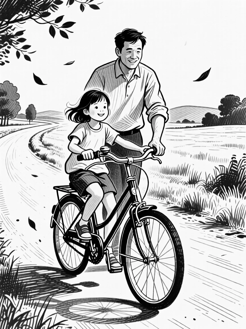 A father teaching his daughter to ride a bike on a quiet countryside road, with leaves drifting past them in the wind, creating a tender and sincere lifestyle scene.