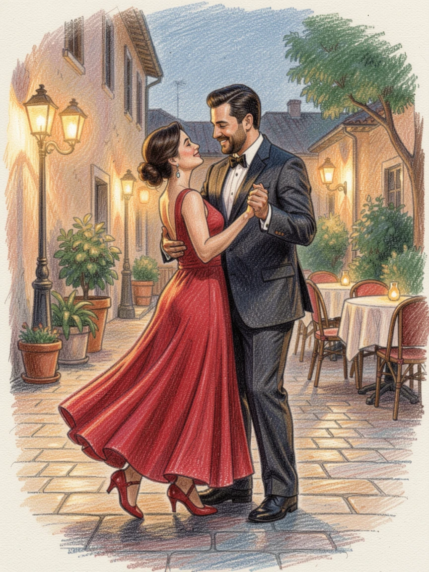A couple dancing tango in a warmly lit plaza at dusk, framed thoughtfully to draw the eye toward the central subject, evoking warmth, beauty, and a lasting sense of wonder.