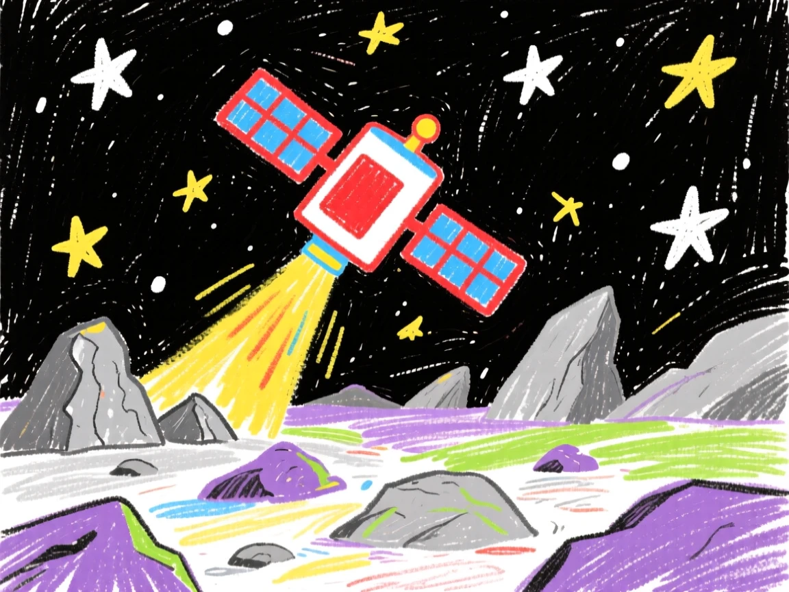 A satellite rising slowly over a rocky alien landscape.
