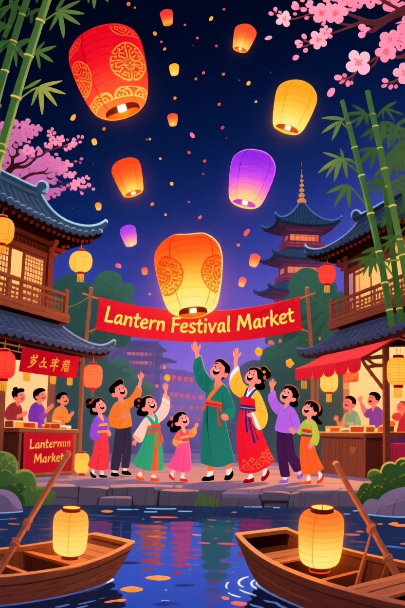 A vibrant lantern festival lighting up a night sky, surrounded by vibrant local color and charm, framed to highlight the destination's unique character, with a joyful, adventurous atmosphere.