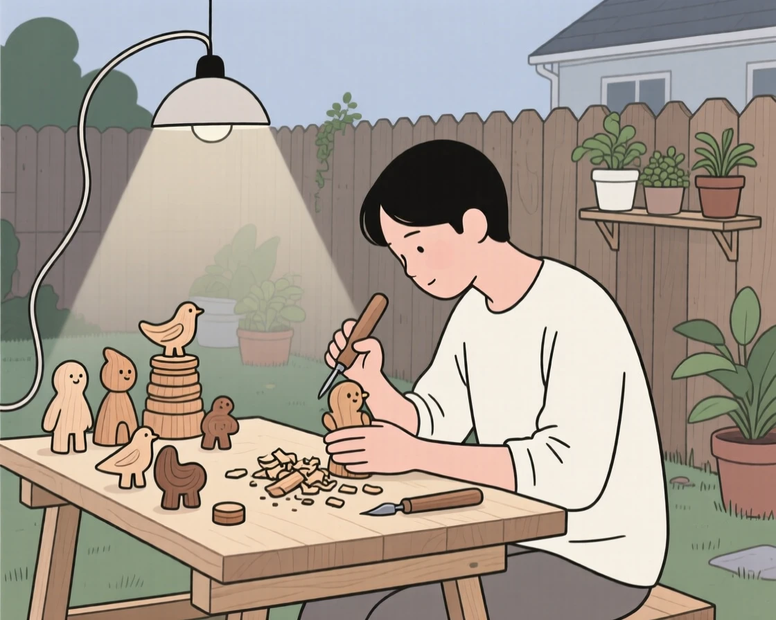 A person carving small figurines in a backyard workshop.