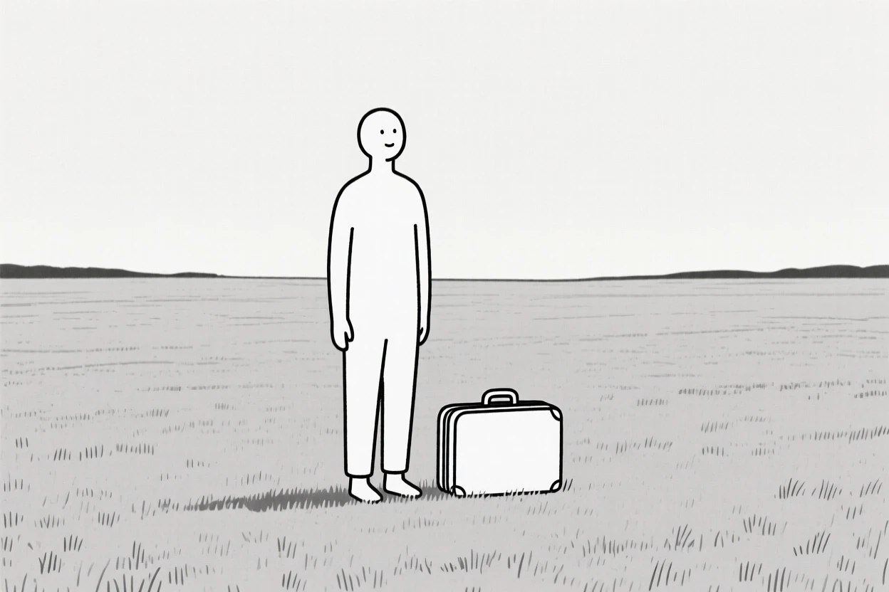 A solitary figure standing in a wide open field, embodying a feeling of quiet relief, with a single suitcase nearby.