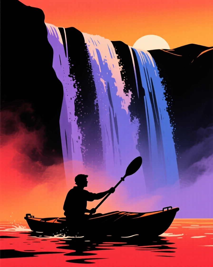 A lone kayaker paddling beneath a massive waterfall.