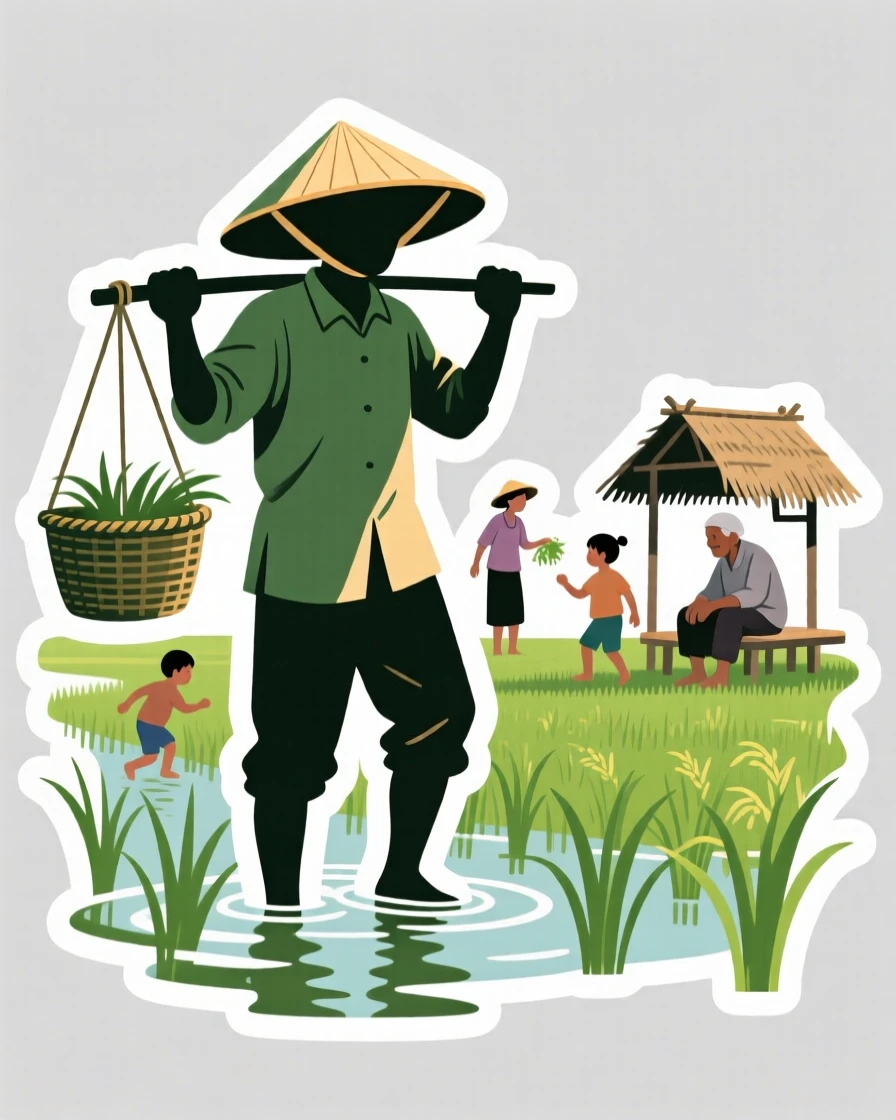 A postcard-perfect Vietnamese conical hat farmer in a rice paddy, with locals going about their day, on a warm and welcoming afternoon.