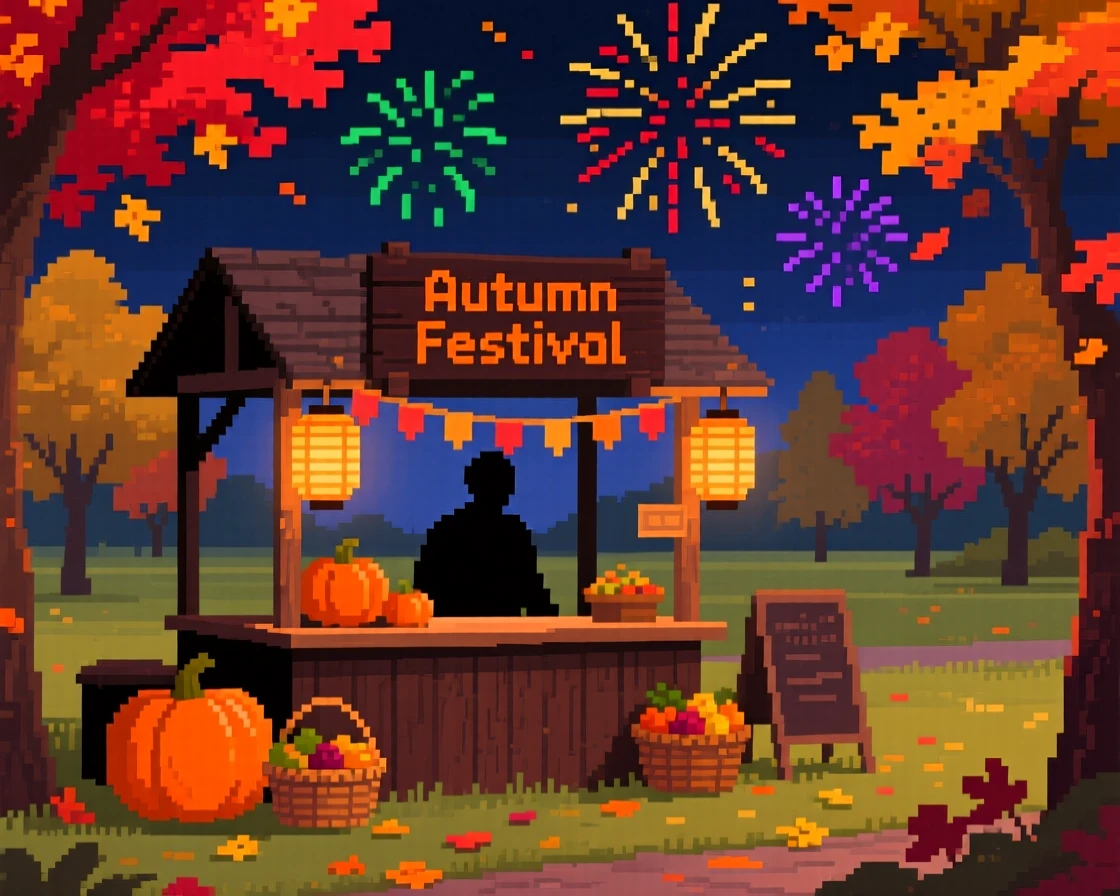 A lantern-lit autumn festival stall set against a sky full of fireworks, in a park during peak autumn color.