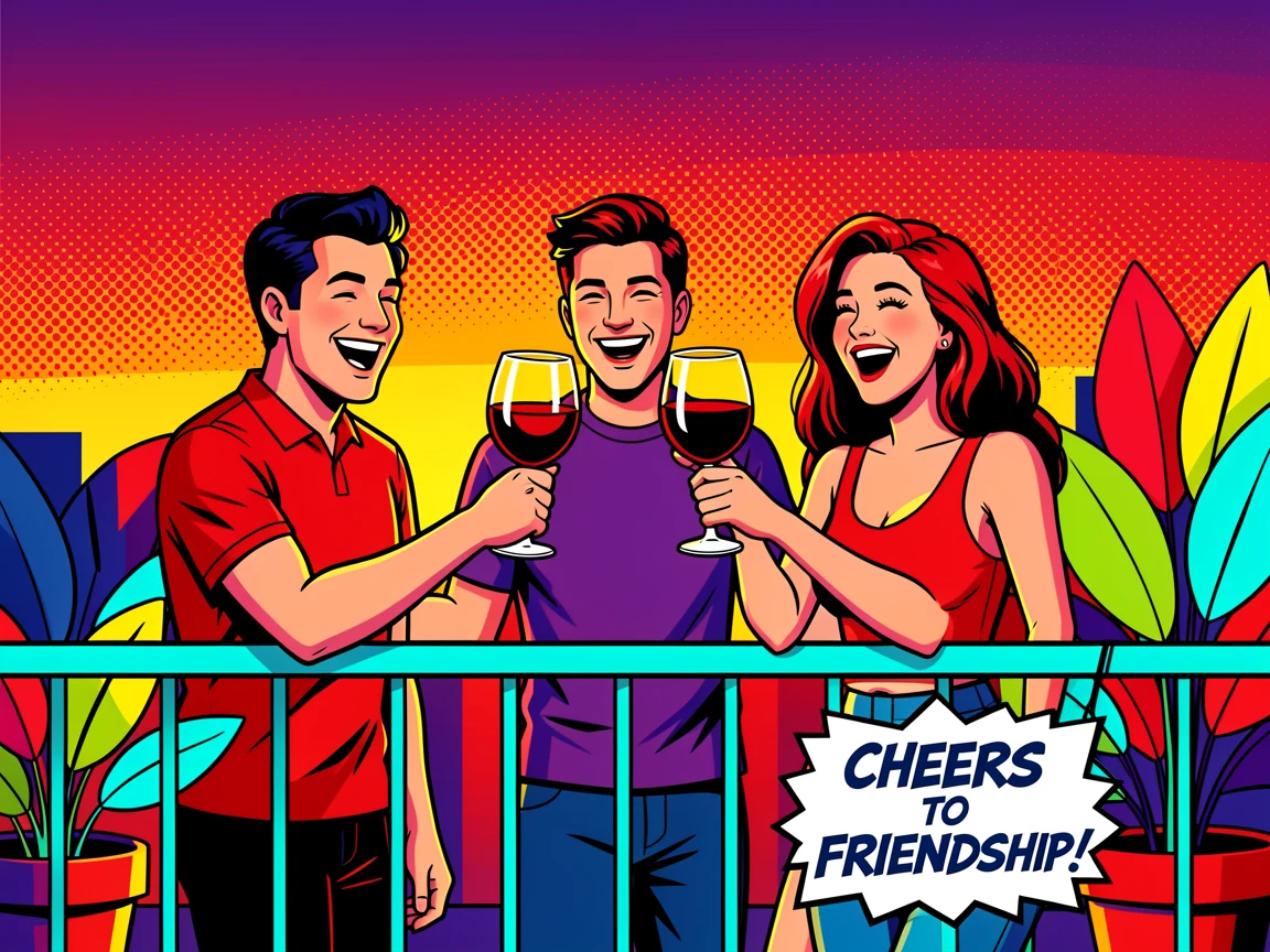Friends toasting glasses of wine on a rooftop terrace