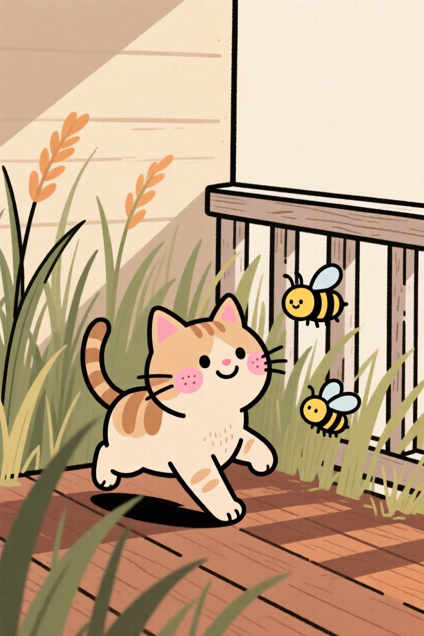 A tiny kitten hopping through tall grass in a cozy porch corner, pausing to look up with curious, gentle eyes as a bee hums nearby.