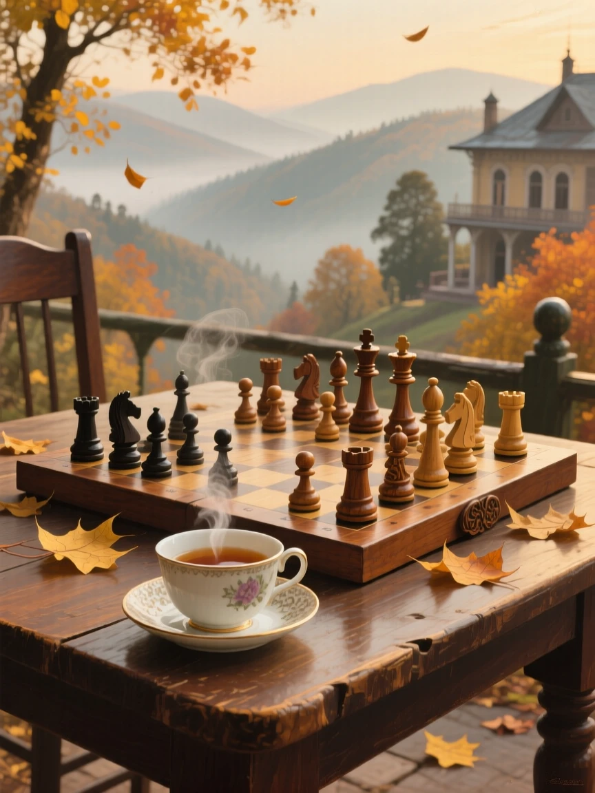A centered composition of a wooden chessboard mid-game beside a cup of tea, as autumn leaves turn gold, in an Indian hill station.
