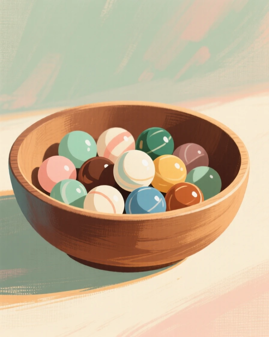 A collection of colorful marbles arranged in a wooden bowl