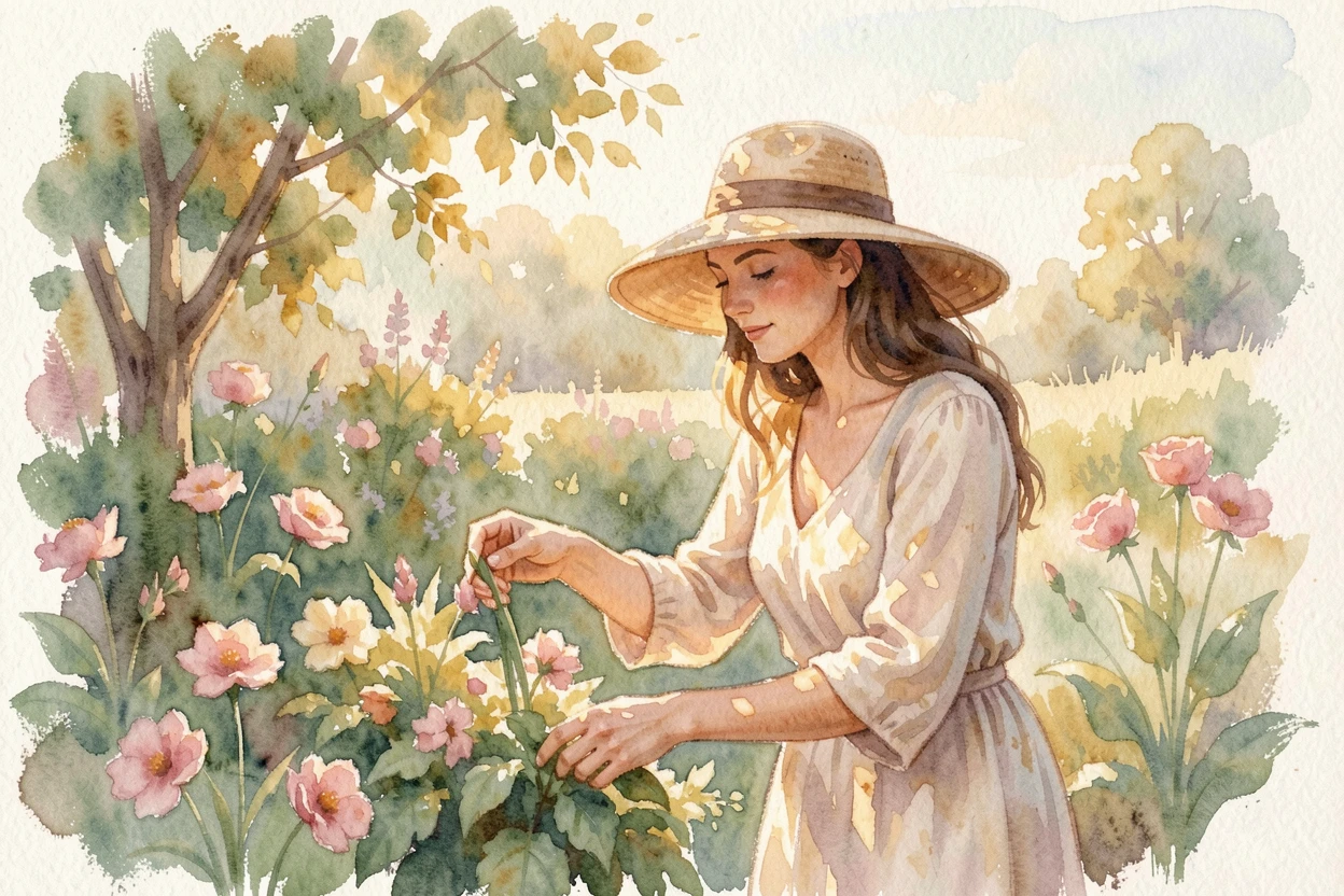 A woman in a sunhat tending to her garden with gentle shadows and warm tones.