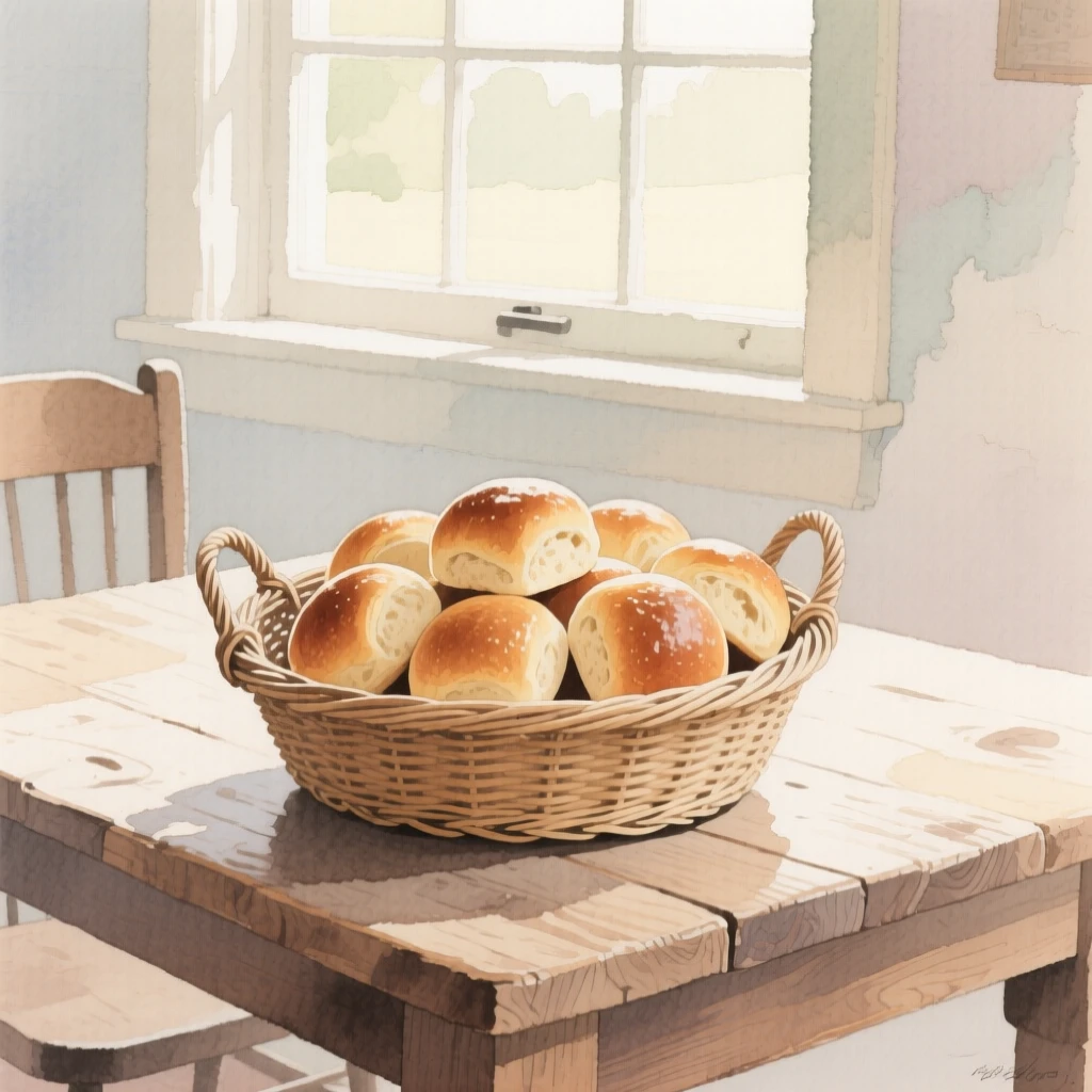 A basket of dinner rolls sits on a rustic wooden table by a window on a rustic farmhouse table, arranged beautifully for a delightful meal