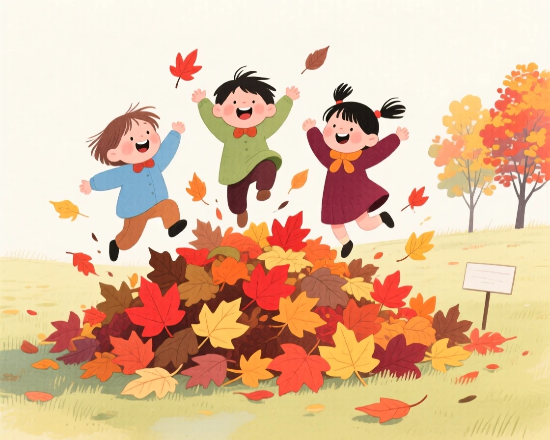 A festive scene of children jumping into a pile of colorful autumn leaves.