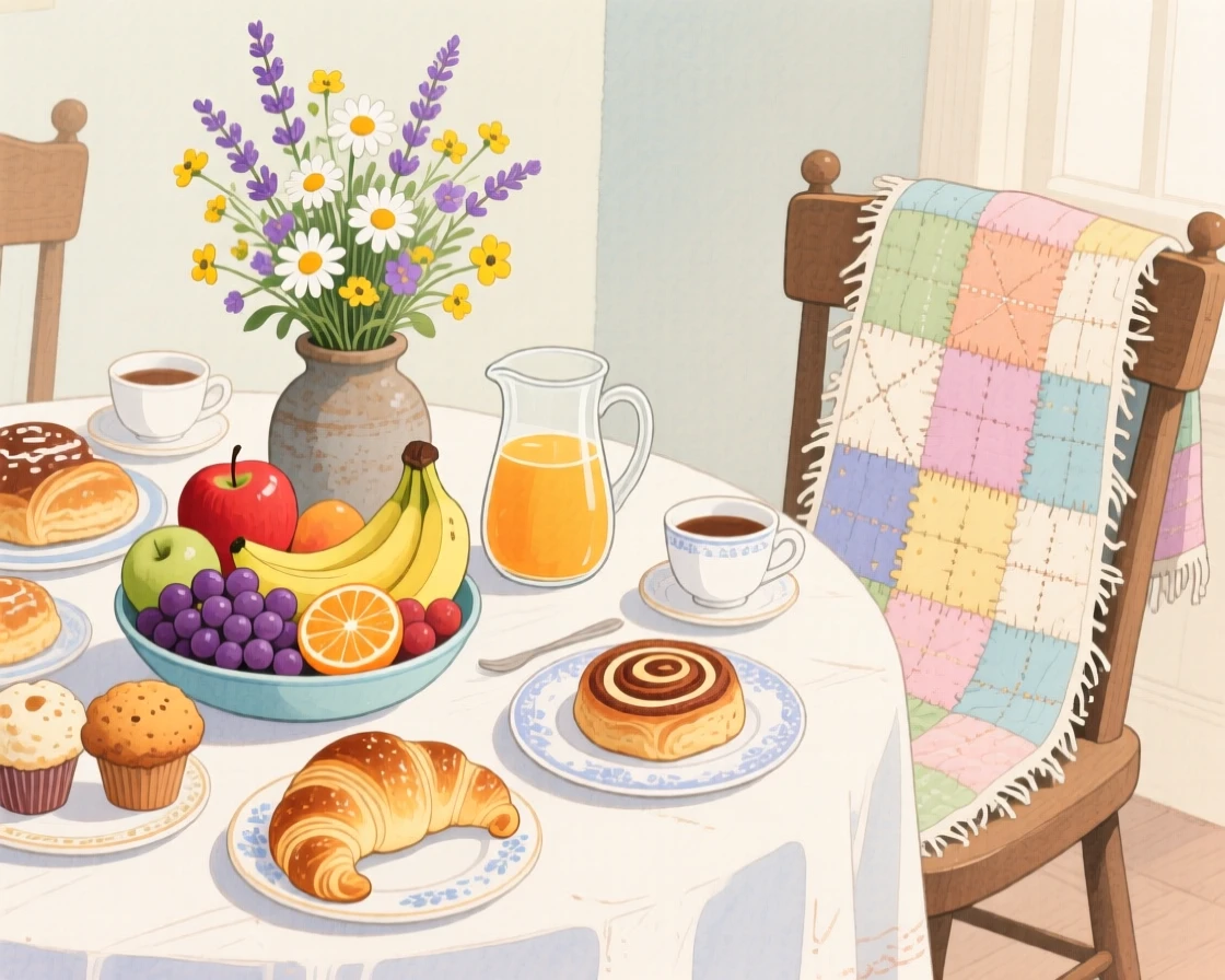 A breakfast table set with fresh pastries, fruit, and a small vase of wildflowers, with a worn quilt draped over the nearest chair, inspiring a nostalgic sense of home.