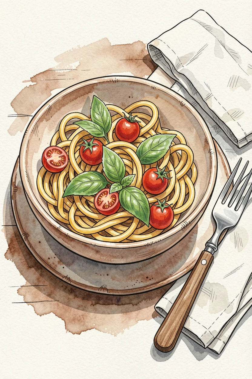 A rustic bowl of pasta tossed with fresh basil and cherry tomatoes, rustic tableware adding warmth and character to the setting.