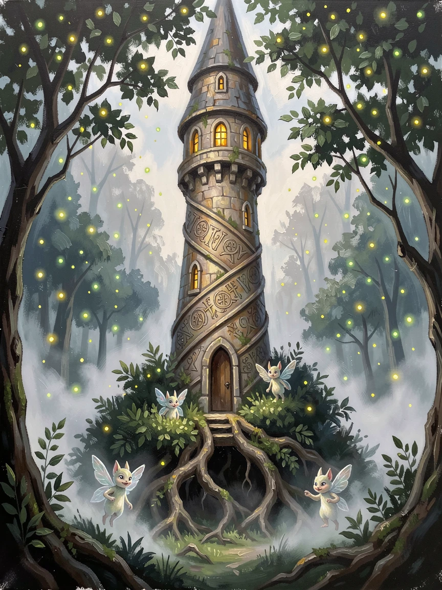 A wise old wizard's tower rising from a misty forest, small woodland spirits peeking from the underbrush, within a hidden valley shrouded in mist, beneath a canopy of glimmering fireflies.