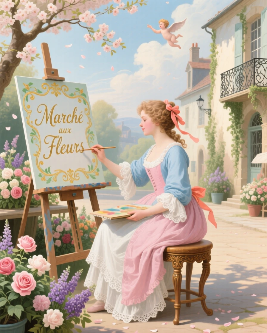 A village artist painting a sign for a flower market  