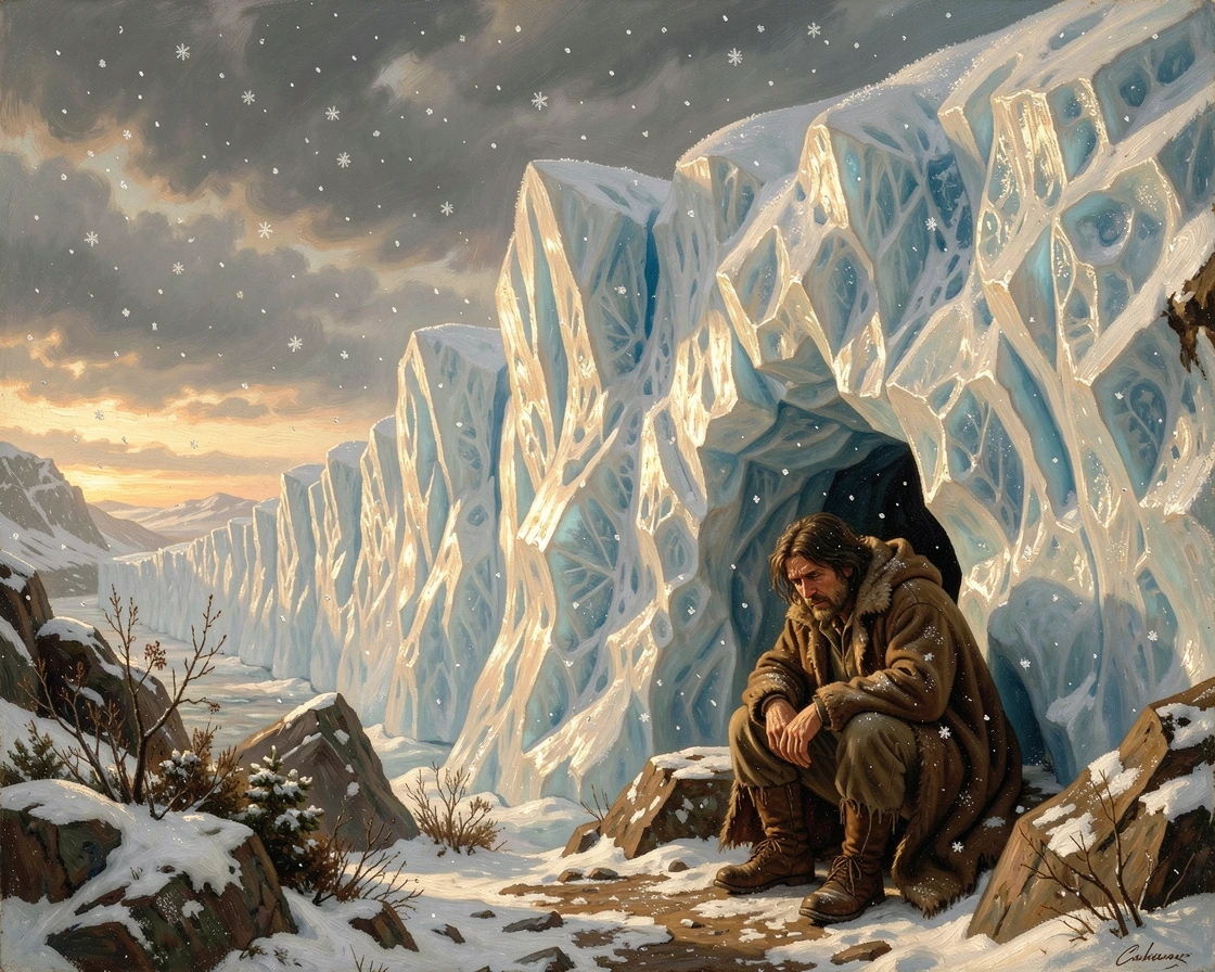A weary traveler shelters beneath a glacier gleaming in the sun while snow begins to fall.