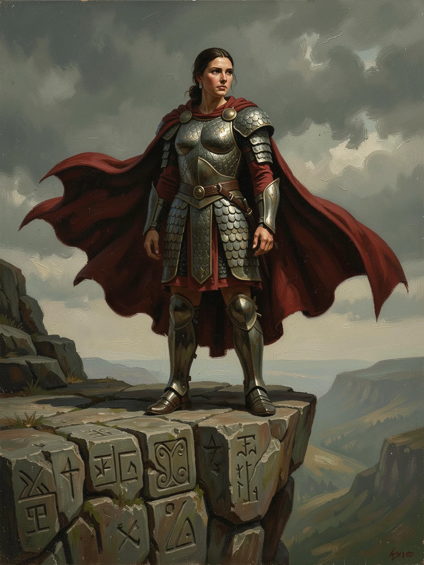 A warrior queen standing atop a cliff, cape billowing in a fierce wind, with intricate textures on armor, scales, or ancient stone, offering a breathtaking escape into a beautifully rendered fantasy world