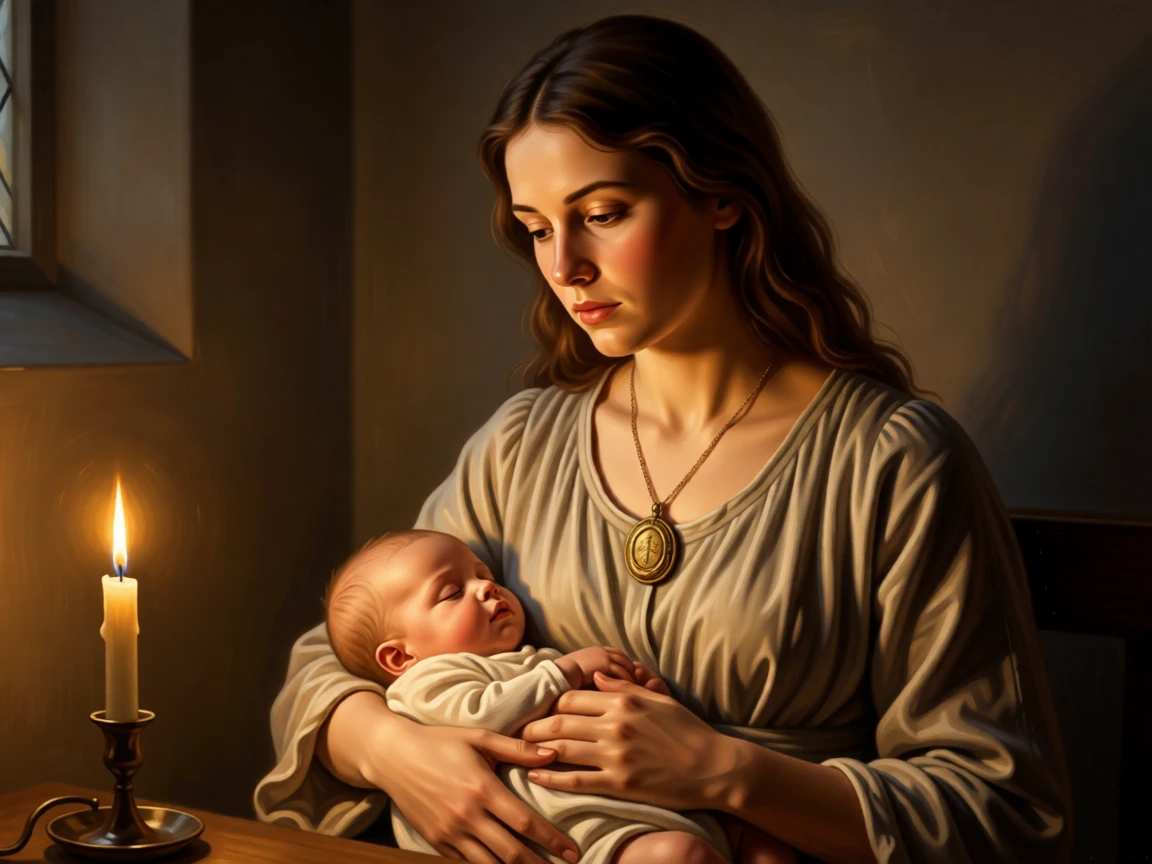 A young mother cradling her sleeping infant by firelight lost entirely in private thought, set in a candlelit chapel side room, with a cherished heirloom locket resting against her collarbone; soft background blur isolates the sitter as the clear focal point, capturing grace under the weight of everyday devotion.
