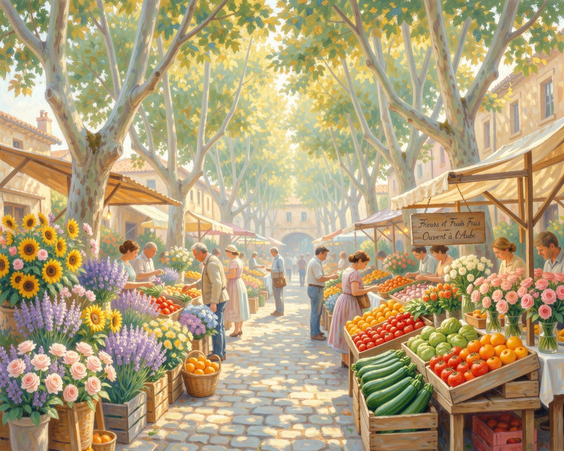 A bustling flower and produce market in Provence beneath plane trees on a sunny square, in the gentle hush of early morning.