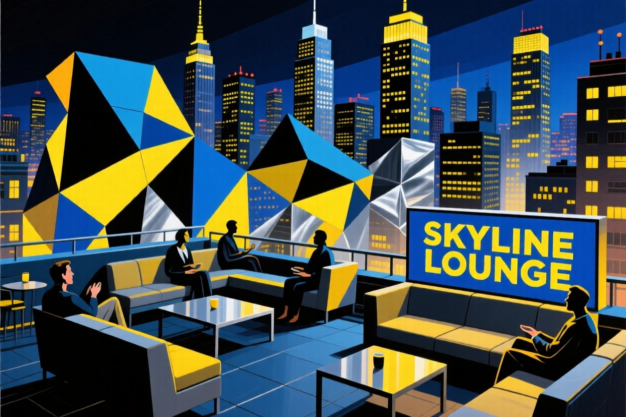 A modern rooftop lounge overlooking a glittering city skyline at night.