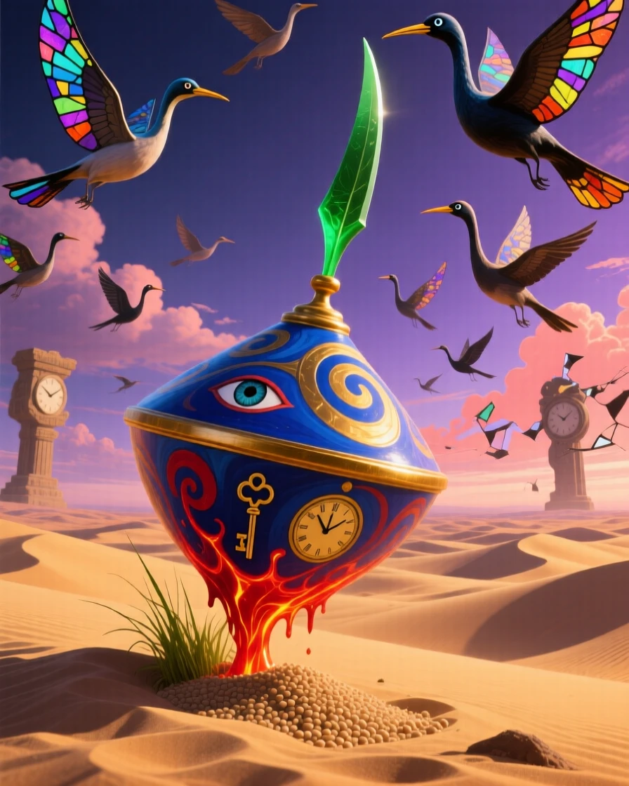 A giant spinning top balanced impossibly on a single blade of grass rests half-buried in drifting golden sand, as birds circle curiously around its towering form.
