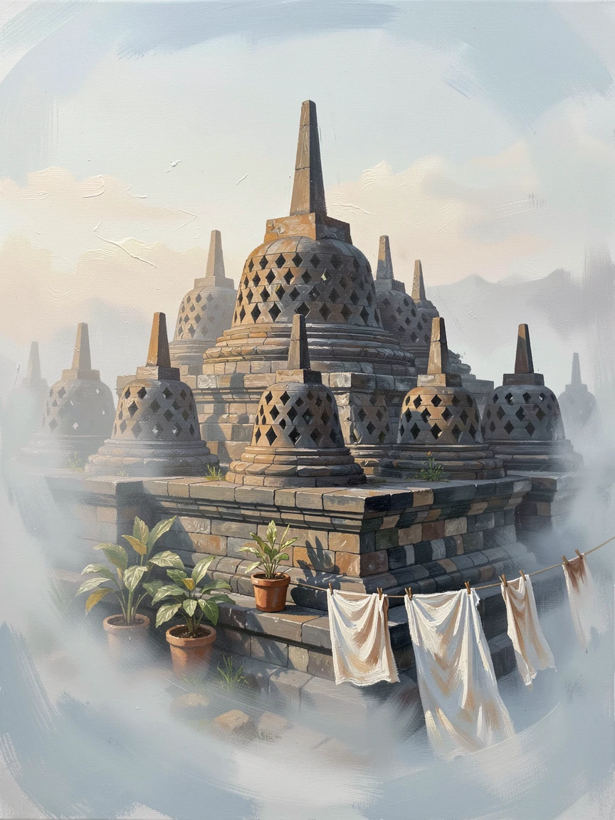 Borobudur temple emerges from morning mist in Java, its stepped stone structure crowned with countless small stupas glowing in first light, small everyday details, like drying laundry or potted plants, giving the scene a lived-in warmth.