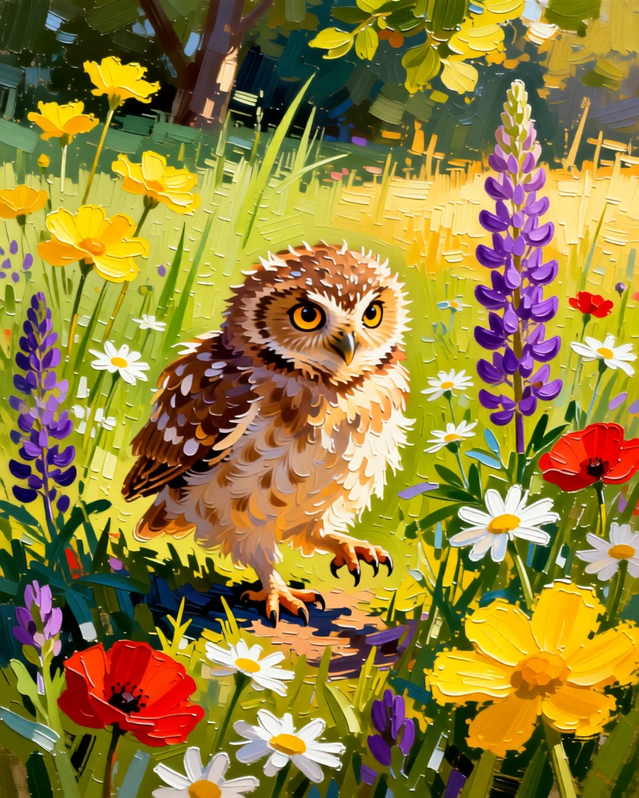 A heartwarming photo of a baby owl exploring a patch of wildflowers for the first time