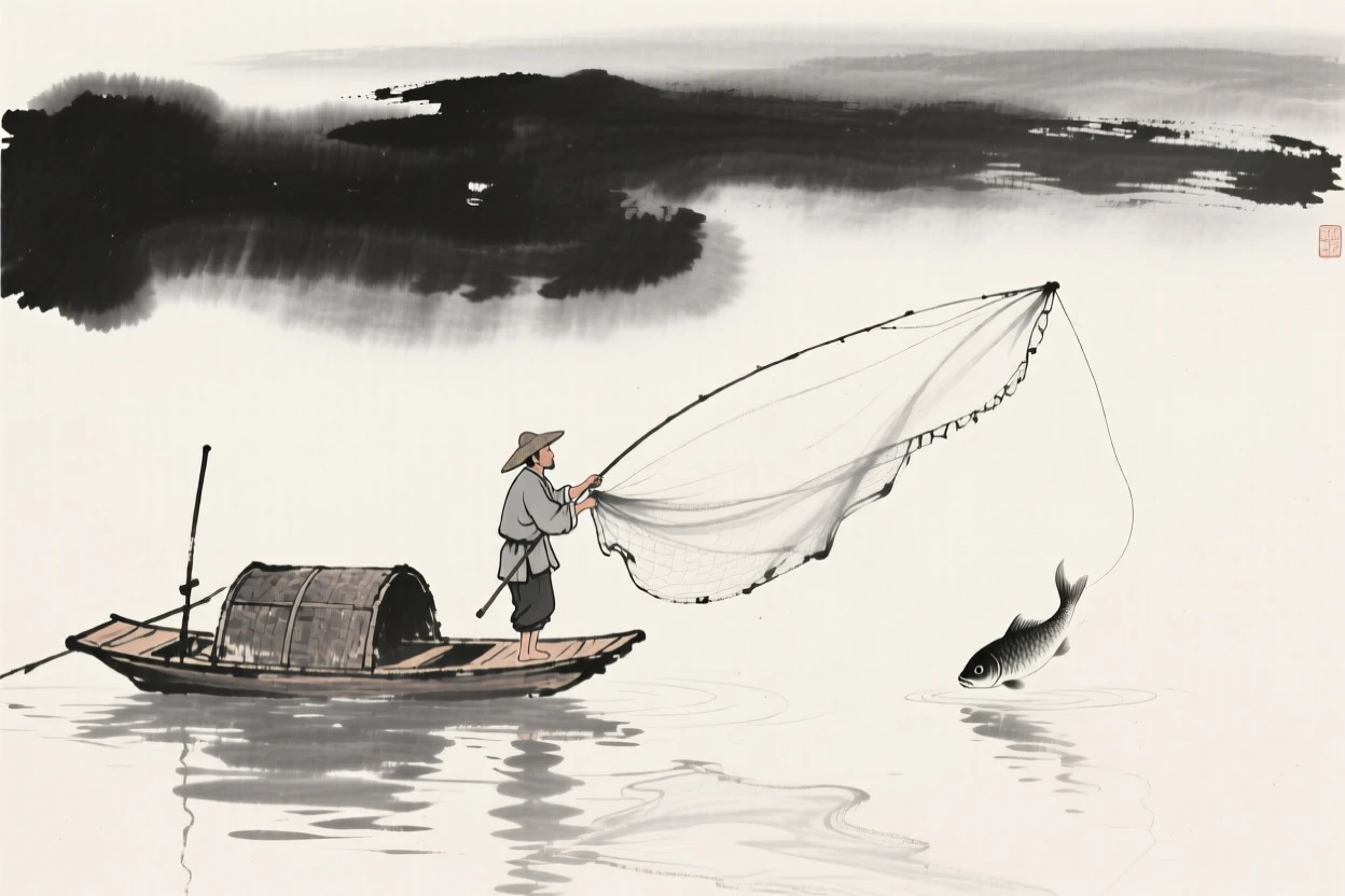 A fisherman casts a wide net from a small wooden boat, with mist rising gently from the water's surface.