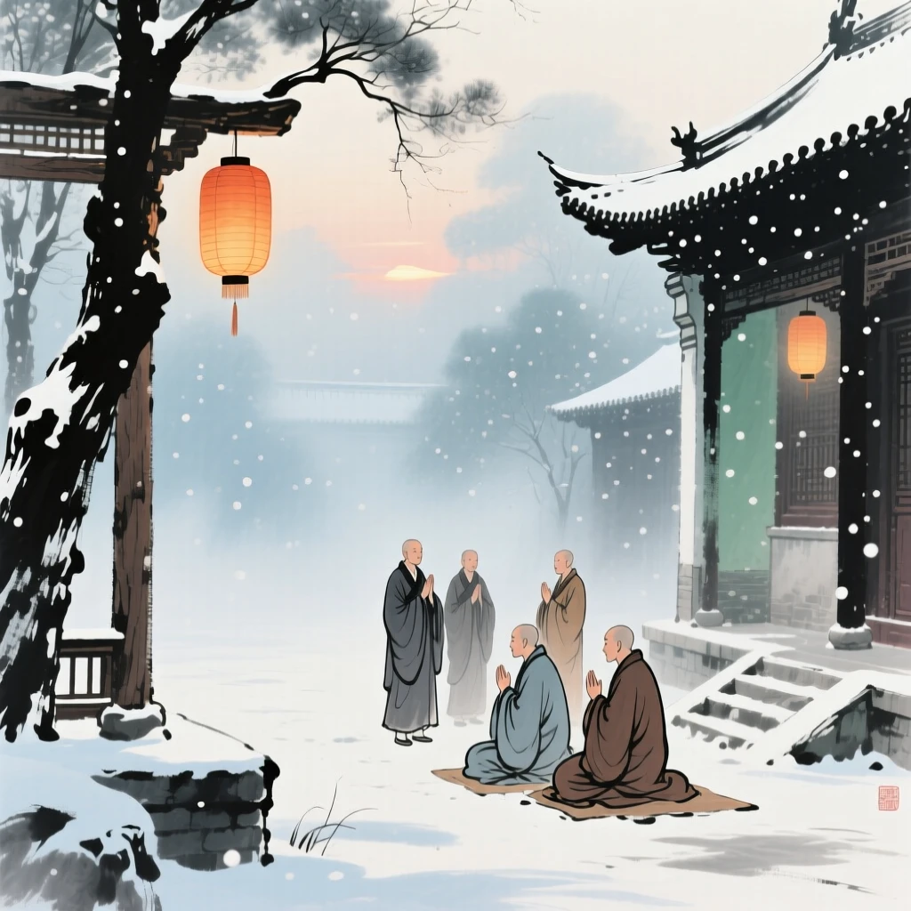 A group of monks chanting at dawn in a mist covered monastery courtyard, as lanterns are lit for the evening, beneath softly falling snow, brimming with peaceful contentment.