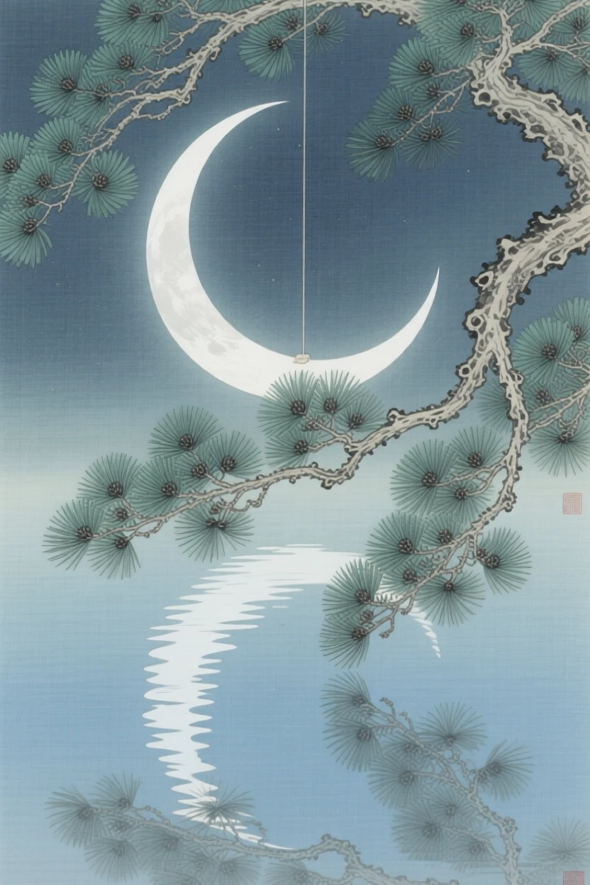 A crescent moon framed by pine branches, reflected perfectly in the still water below