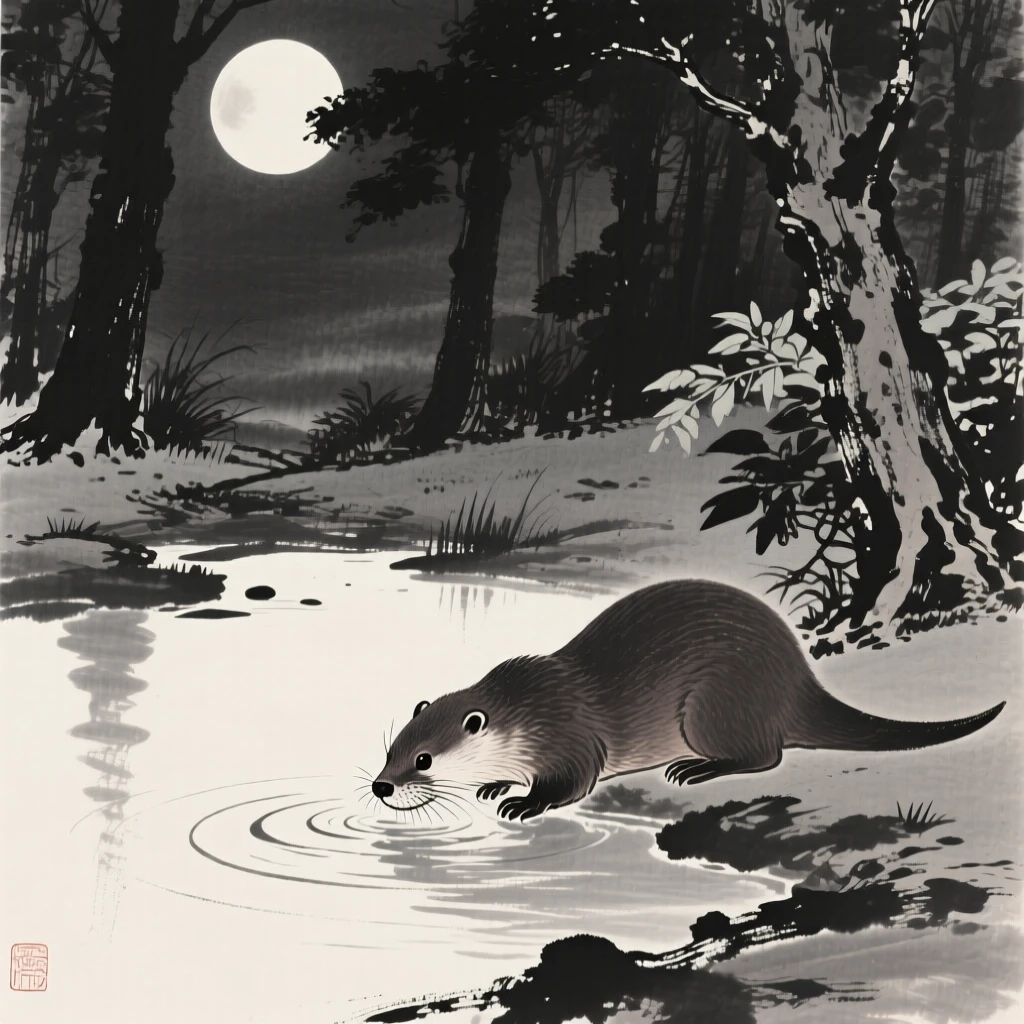 An otter drinking from a still forest pool in a moonlit clearing, seen from a respectful distance within its natural surroundings, evoking the gentle rhythm of the natural world.