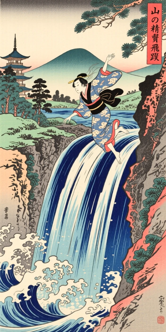 A watching mountain spirit leaping from a thundering waterfall.