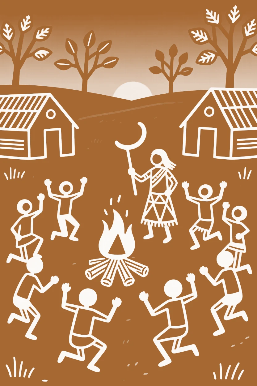 A village healer around a ceremonial bonfire at dusk.