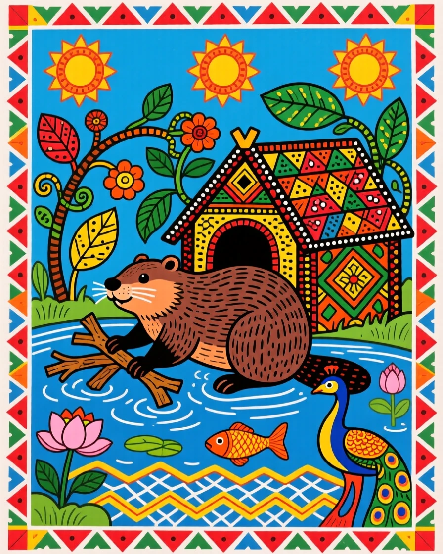 A beaver building its lodge on a quiet woodland pond.