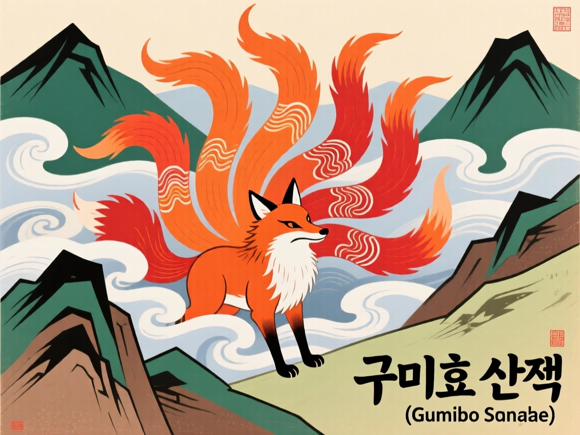 A powerful depiction of a nine-tailed fox emerging from behind rolling fog on a mountain ridge.