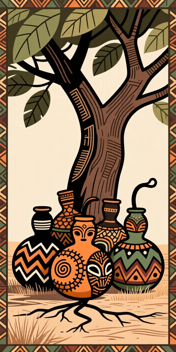 A cluster of painted calabashes cooling in the shade of a tree.